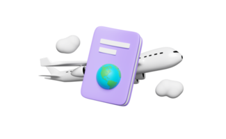3d paspoort of Internationale reizen voor toerisme, bedrijf met vliegtuig, wolk geïsoleerd. 3d geven illustratie png