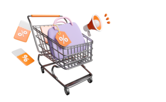 3D-Tasche, Rabattverkaufssymbol für den Online-Einkauf mit Einkaufswagen, Megaphon, Korb, Preisschilder-Coupon isoliert. Marketing-Werbeprämien, 3D-Darstellung png