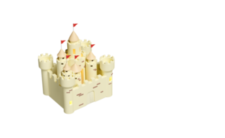 conceito de férias de verão, castelo de areia 3d com torres, forte, portões e bandeiras isoladas. ilustração de renderização 3D png