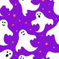 Halloween seamless pattern with cute cartoon ghosts on purple background. Easy to edit vector template for greeting card, poster, banner, party invitation, fabric, textile, wrapping paper, etc