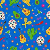 Dia de los Muertos seamless pattern of traditional Mexican symbols. Easy to edit vector template for greeting card, banner, poster, party invitation, fabric, textile, wrapping paper, etc