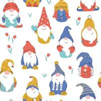 Seamless vector pattern with cute hand-drawn dwarf cartoon characters on white background