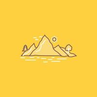 Nature. hill. landscape. mountain. tree Flat Line Filled Icon. Beautiful Logo button over yellow background for UI and UX. website or mobile application vector