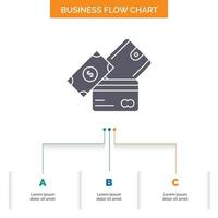 tarjeta de crédito. dinero. divisa. dólar. diseño de diagrama de flujo de negocios de billetera con 3 pasos. icono de glifo para el lugar de plantilla de fondo de presentación para texto. vector