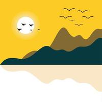 Stylish background template with abstract models and mountains, birds, moon. Vector Illustration