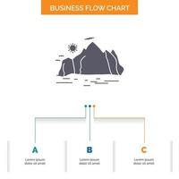 Nature. hill. landscape. mountain. scene Business Flow Chart Design with 3 Steps. Glyph Icon For Presentation Background Template Place for text. vector