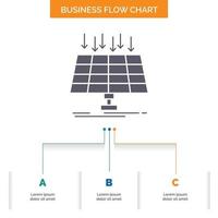 solar. panel. energía. tecnología. diseño de diagrama de flujo de negocios de ciudad inteligente con 3 pasos. icono de glifo para el lugar de plantilla de fondo de presentación para texto. vector