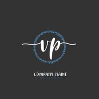 vp escritura a mano inicial y diseño de logotipo de firma con círculo. hermoso diseño de logotipo escrito a mano para moda, equipo, boda, logotipo de lujo. vector