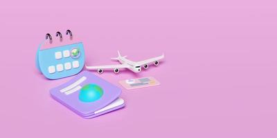 3d passport or international travel for tourism, calendar for marked date business with airplane, ID card, check marks isolated on pink background. 3d render illustration, clipping path photo