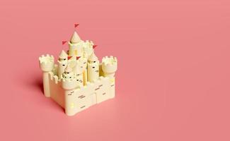 concepto de vacaciones de verano, castillo de arena 3d con torres, fuerte, puertas y banderas aisladas en fondo rosa. Ilustración de procesamiento 3D, trazado de recorte foto