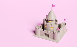 castillo de arena con torres, fuertes, puertas y banderas aisladas en un fondo rosa. concepto de vacaciones de verano, ilustración 3d o presentación 3d, ruta de recorte foto