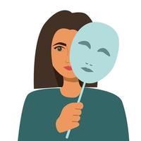 A woman holds a mask in her hands. The concept of hidden emotions, bluff, burnout. Vector illustration