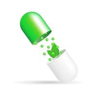 Open herbal capsule with granules and leaves vector