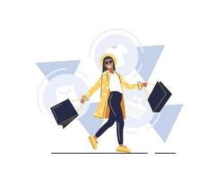 la chica con los paquetes, hermosa mujer está de compras, a la moda. ilustración vectorial en estilo de dibujos animados vector