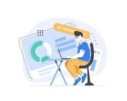 Young guy programmer freelancer working online sitting on the armchair in the office at the computer,flat design icon vector illustration