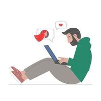 Sad and upset young man sitting on the floor and looking at the laptop. Online breakup with girlfriend. The concept of social networks. Vector illustration in flat style on white background.