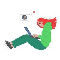 A young girl is sitting on the floor and texting on a laptop with her boyfriend. The concept of social networks and online life. Vector stock illustration in flat style on white background.