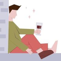 A young man holding a glass of wine leans against a stone wall. Relaxation concept. Vector stock illustration in flat style.