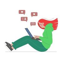 A young girl sits on the floor and looks at a laptop. The girl browses social networks. Popularity on the internet, new followers, messages. Vector illustration in flat style on white background.