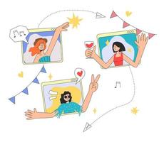 Online party. Three girls communicate and have fun on a video call. The concept of rest and celebration. Vector stock illustration in flat style on white background.