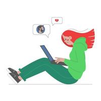 Sad and upset young girl sitting on the floor and looking at the laptop. Online breakup with boyfriend. The concept of social networks. Vector illustration in flat style on white background.