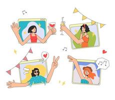 Online party. Four girls communicate and have fun on a video call. The concept of rest and celebration. Vector stock illustration in flat style on white background.