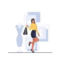 la chica con los paquetes, hermosa mujer está de compras, a la moda. ilustración vectorial en estilo de dibujos animados vector