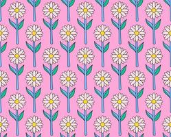 groovy background. Seamless bright repeat pattern of simple blooming flowers in 1970s psychedelic hippie style. graphic decor ornament in retro design. vector illustration