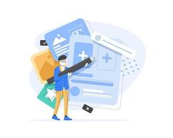 los diseñadores están trabajando en el diseño de la página web, el diseño web, la interfaz de usuario ui y la organización de contenido ux de la experiencia del usuario, la ilustración vectorial del icono de diseño plano vector