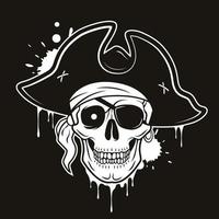 Pirate skull with eye patch, hat, bandana, glowing eye. Vector hand drawn cartoon illustration isolated on black background