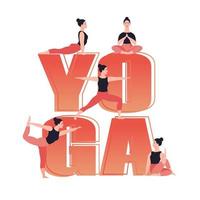 Yoga text. Young woman practicing yoga and meditation. Girl do different yoga poses. Flat vector illustration