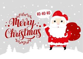 Greeting card with cute cartoon Santa Claus and Merry Christmas calligraphy vector