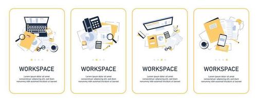 Top view of modern and stylish workplace,office supplies,flat design icon vector illustration