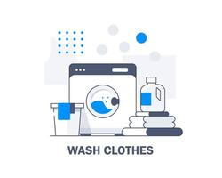 Lavadora y toallas, ropa de cama aislada, equipo, tareas domésticas, lavandería, lavado de ropa. lavadora y burbujas voladoras en estilo plano vector