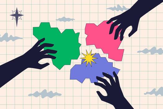 Hands dividing the abstract land into several pieces, a symbol of the division of territory, occupation during the war, separation of the country. A metaphor of geopolitical interests. vector
