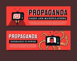 The person is a TV instead of a head and an octopus as a symbol of propaganda. Red and black banners. vector