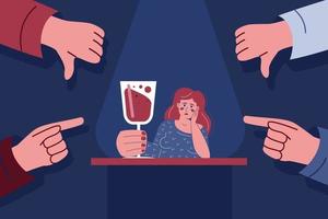 A lonely upset drunk woman, to whom condemning, aggressive gestures are directed. The metaphor of bullying, abuse, rejection of female alcoholism. vector