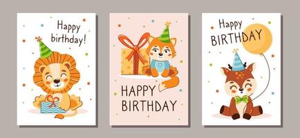un conjunto de tarjetas de felicitación para niños con lindos animales. tarjetas de celebración de cumpleaños. ilustración vectorial vector