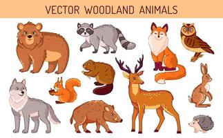 un conjunto de animales del bosque sobre un fondo aislado. animales brillantes y lindos en vector de estilo de dibujos animados