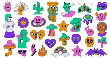 A set of acid trippy mad characters. Outlinned groovy signs. vector