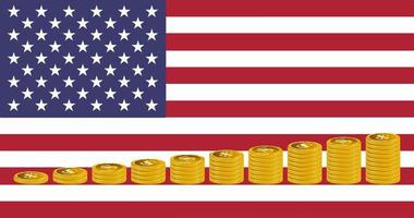 Stacks of gold-colored dollar coins on the background of the USA flag. vector