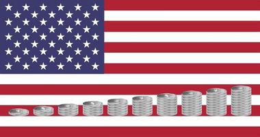 Stacks of silver-colored dollar coins on the background of the USA flag. vector