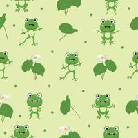 Funny green flat frogs with lilies seamless pattern background. Cute frogs different poses vector