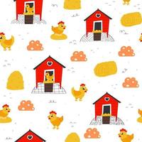 Seamless pattern with cartoon hens and houses with doodle elements in childish style on white background, farm life vector