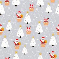 Seamless christmas pattern with christmas tree iand santa in chimney on gray background for wrapping paper vector