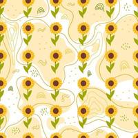 Sunflower seamless pattern with abstract forms, lines and dots, colorful ornament for kitchen textile in cartoon style vector