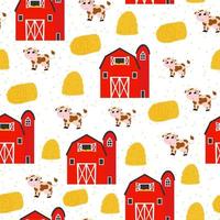 Farm barn and animals seamless pattern with haystacks and cows in cartoon style, ideal ornament for beddings, posters vector