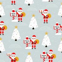 Seamless christmas pattern with santa claus and north pole on gray background for wrapping paper vector