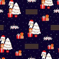 Seamless christmas pattern with cute christmas rabbit with gift boxes on dark background for wrapping paper vector