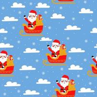 Seamless christmas pattern with cute santa claus flying in sledge on blue background for wrapping paper vector